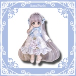 1点物♱クラシカルフラワーのロリィタ風ドレス＆ヘッドドレス２点Set. （水色×白レース）♱ オビツ11 シュガーカップス ピコニーモP ねんどろいどどーる 等