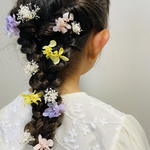 七五三　発表会　結婚式　誕生日　ラベンダー　ピンク　ぴんく　　イエロー　黄色　白　ドライフラワー　ヘアアクセサリー　かすみ草　かすみそう　髪飾り　キッズ　三つ編み　ヘッドドレス　かわいい　ラプンツェル