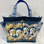  【ハンドメイド】♡デニムデコハートマルチーズちゃん柄♡ポケット沢山お散歩バック