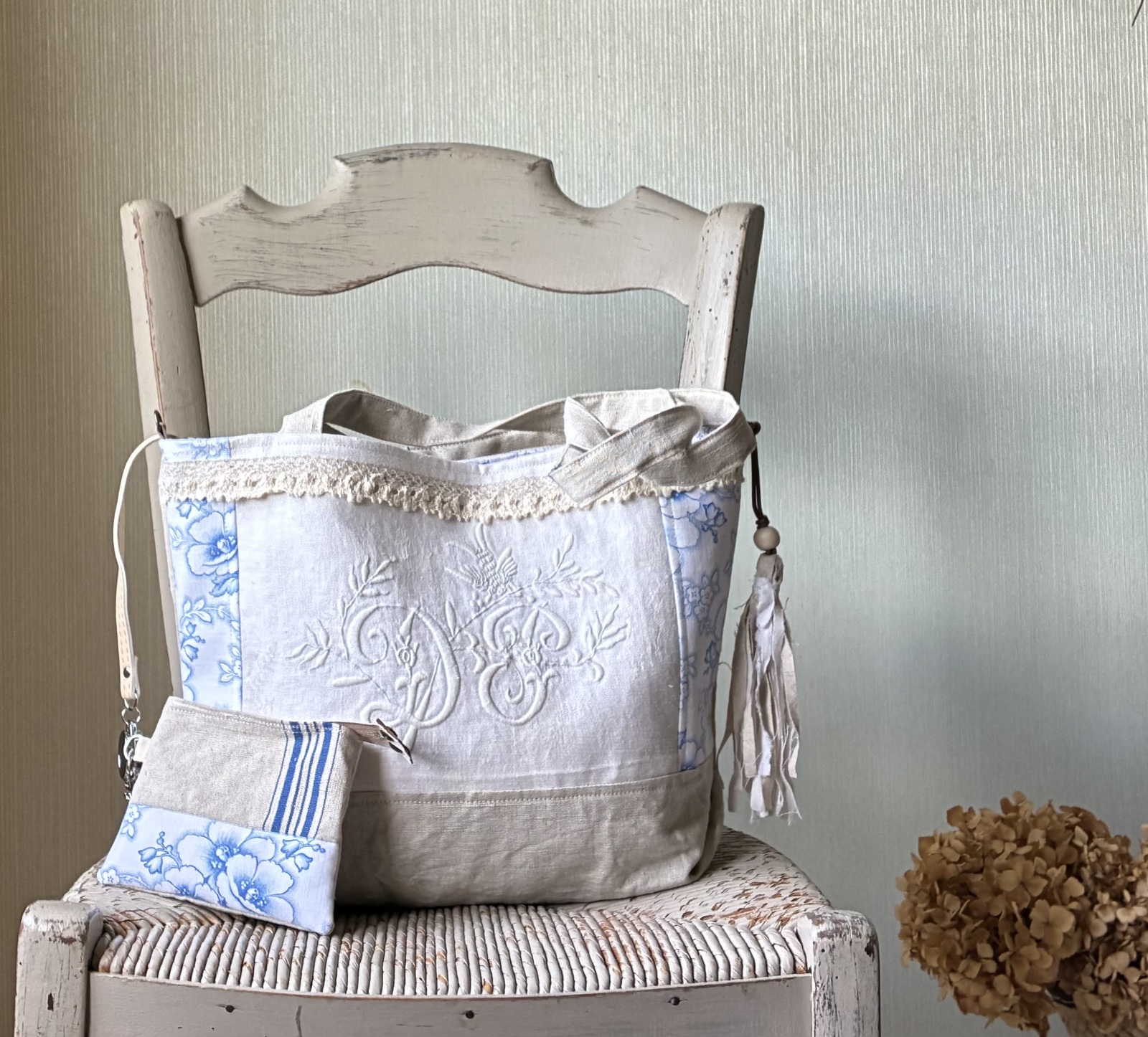 フランス*アンティークリネン*手刺繍*モノグラム*love & ecoかご