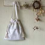 whiteworkフランスアンティーク* モノグラム手刺繍*手刺繍レース*巾着バッグ*ショルダーバッグ