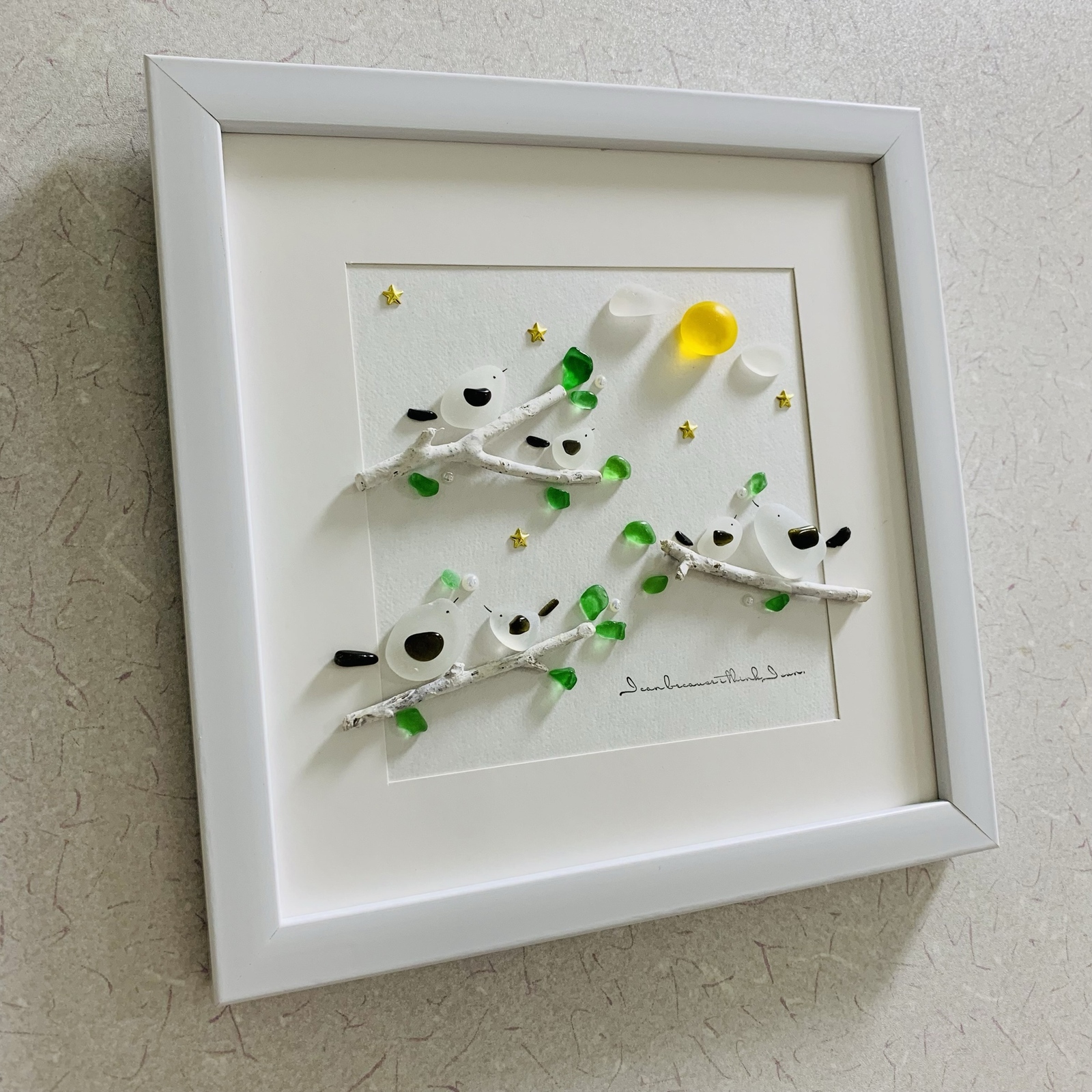 シーグラスアート 幸せ シマエナガ 家族風景 月 インテリア雑貨 壁掛け 置物 北欧 観葉植物 ガラス細工 海の宝石 ウエディング ウェルカムスペース 玄関 トイレ 飾り ギフト プレゼント 贈り物
