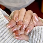 くすみピンクチーク　リボンネイルチップ