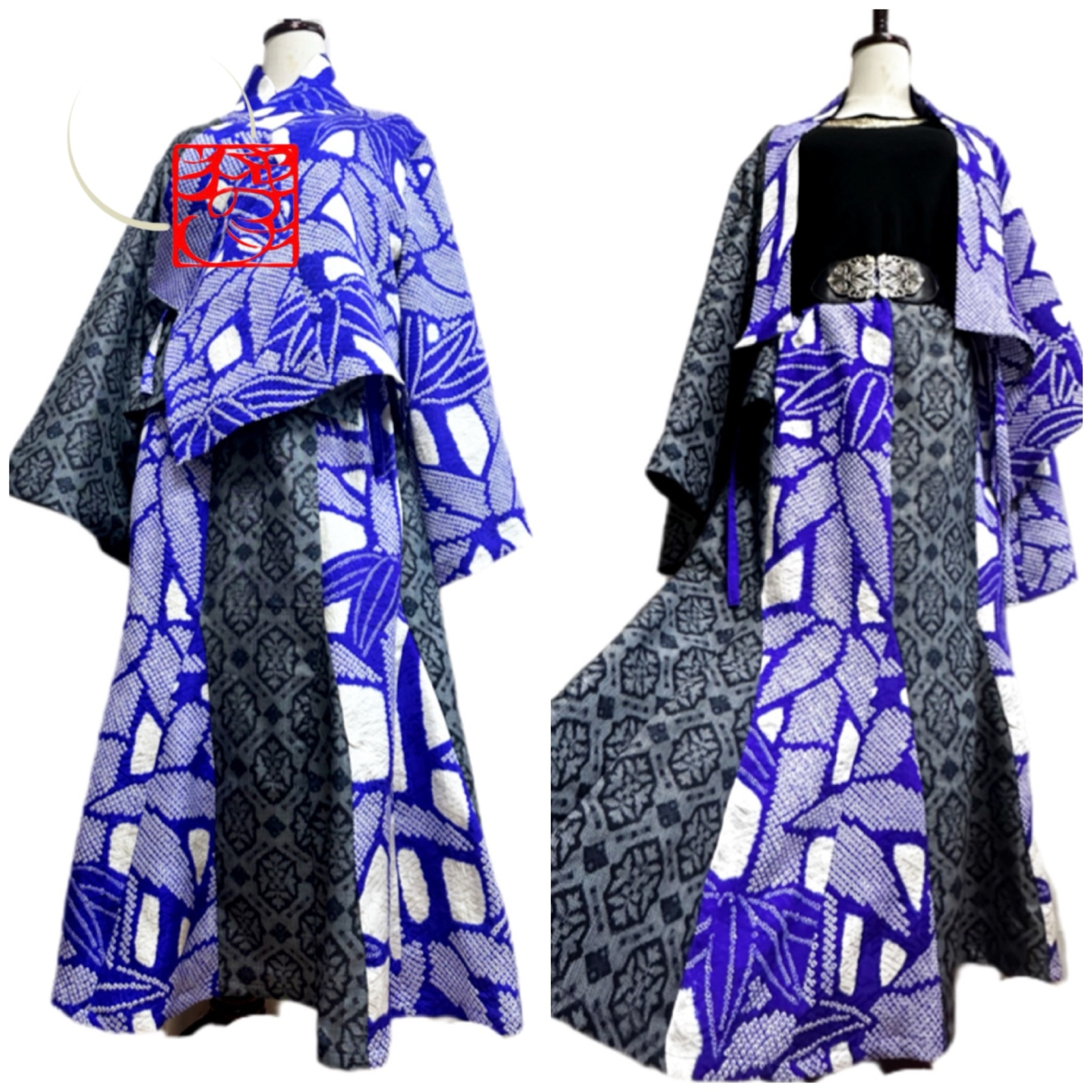 留袖×振袖 着物リメイク コントラスト ドレス 銀糸おしどり 和柄