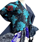 夏　着物リメイク シルエット変形　ドレス　ジャガード花×ネイビー　フレンチスリーブ　和柄ワンピース　丈130 フリー　レセプションパーティー　美術鑑賞　セラピスト　ヒーラー　音楽会　衣装　結婚式