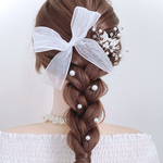 パールUピン　ホワイトリボン　オーガンジーリボン　小枝ピン　ブライダル　ヘアアクセサリー 白リボン