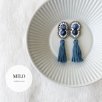ダブルストーン×タッセル(ブルー) ビーズ刺繍ピアス/イヤリング