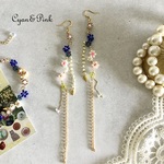 beadsフラワー＆デザインチェーンのロング耳飾り🩵