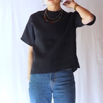 リネンハイネックTシャツブラウス　オフィスTシャツ ネイビー