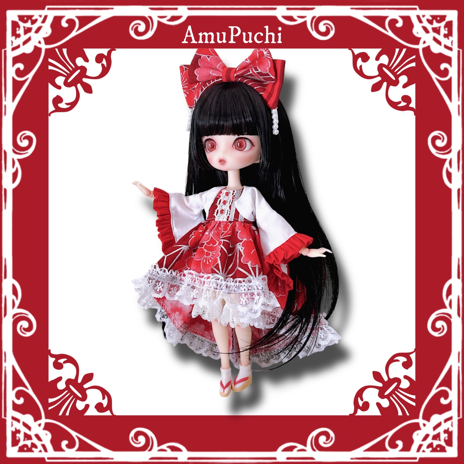 金魚姫のテールドレス＆着物ボレロ＆ヘッドリボン3点Set.（紅