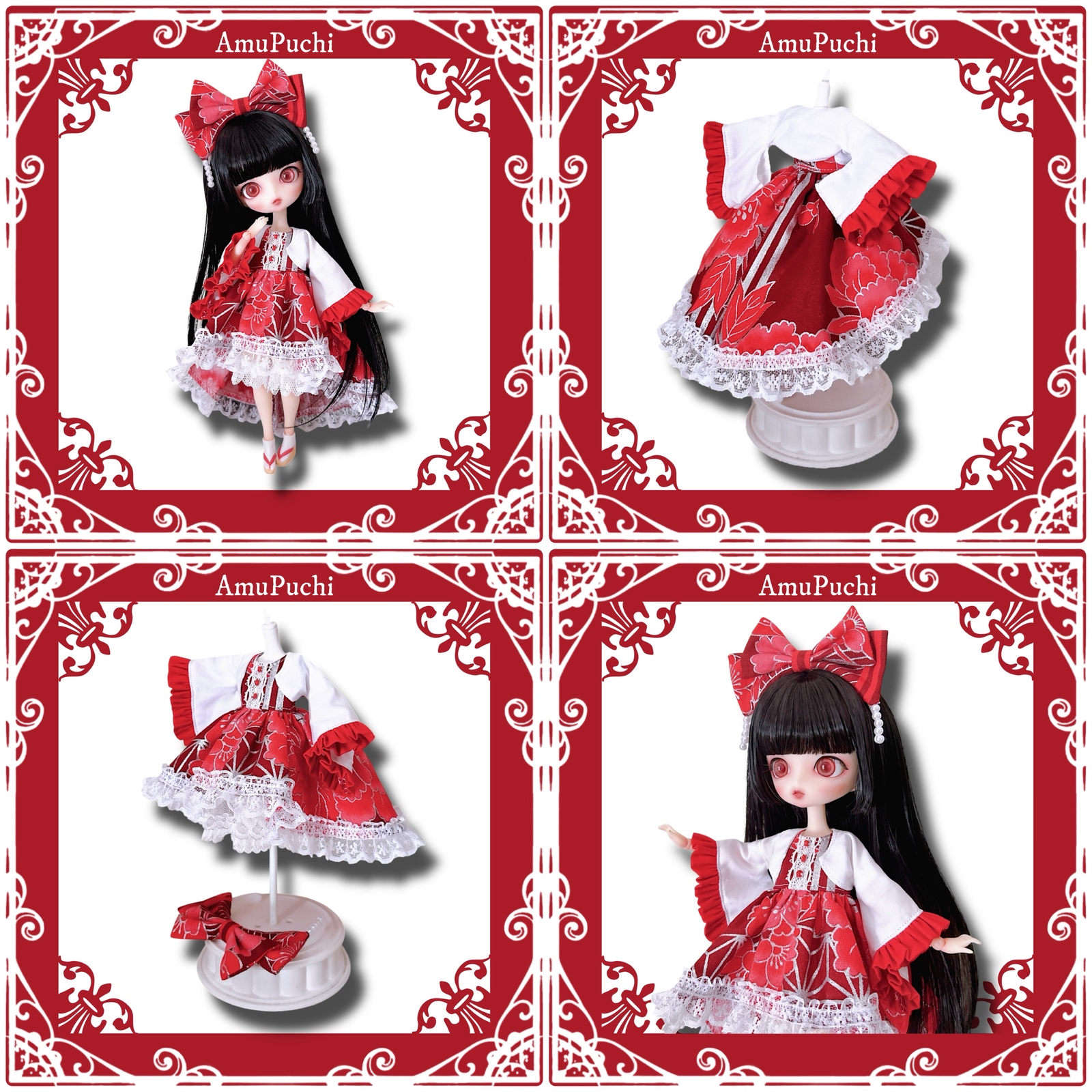 金魚姫のテールドレス＆着物ボレロ＆ヘッドリボン3点Set.（紅