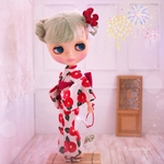 浴衣2点セット【夏椿】夏祭り　ネオブライス　リカちゃん　6分の1ドール　お祭り金魚　りんご飴