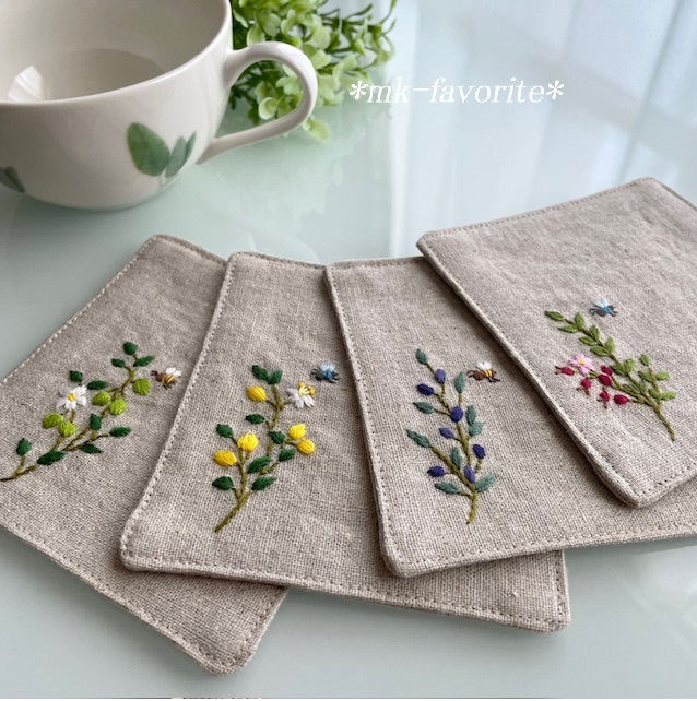 フランスアンティークஐ⋆*大人可愛いウォールポケット・リネン・花柄・刺繍 フランスアンティークஐ⋆*大人可愛いウォールポケット・リネン