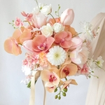 胡蝶蘭とチューリップのウェディングブーケ&ブートニア❀アーティフィシャルフラワーブーケ❀コチョウラン ローズ ラナンキュラス オンシジューム❀ピンク&オレンジ❀
