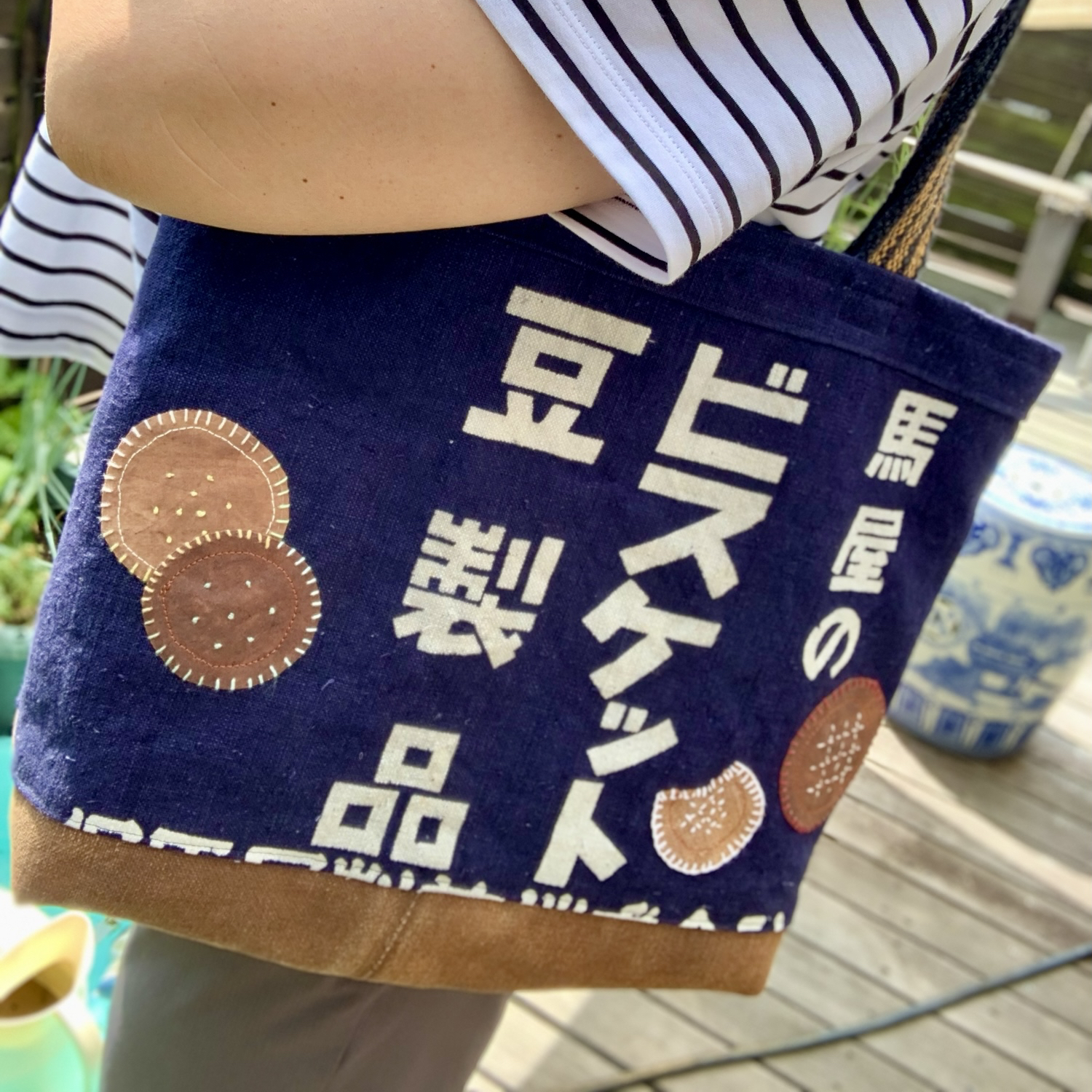 藍染印半纏古布リメイク 蝶の刺し子 和のトートバッグ 古布