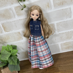 NO,561 リカちゃん服  ノースリーブデニム　シフォンチェック　マキシスカート　オシャレコーデ　リアルクローズ