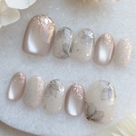 organdy flower グレージュ フラワーネイル たらしこみアート マグネットネイル スキンカラー ブライダル 成人式 お呼ばれ 水彩フラワー 手描きフラワー オケージョン フォーマル