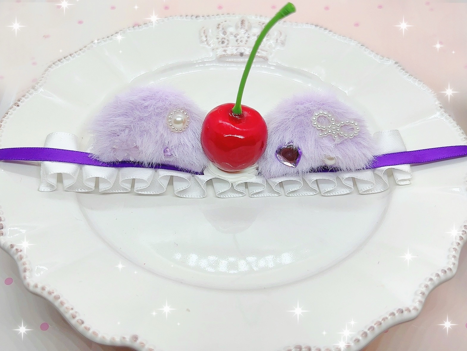 【mafu様】ゆるかわヘッドドレス＆さくらんぼリボン 猫耳 さくらんぼ ぬいぐるみ用 ヘッドドレス 《紫》 - mamtann | minne