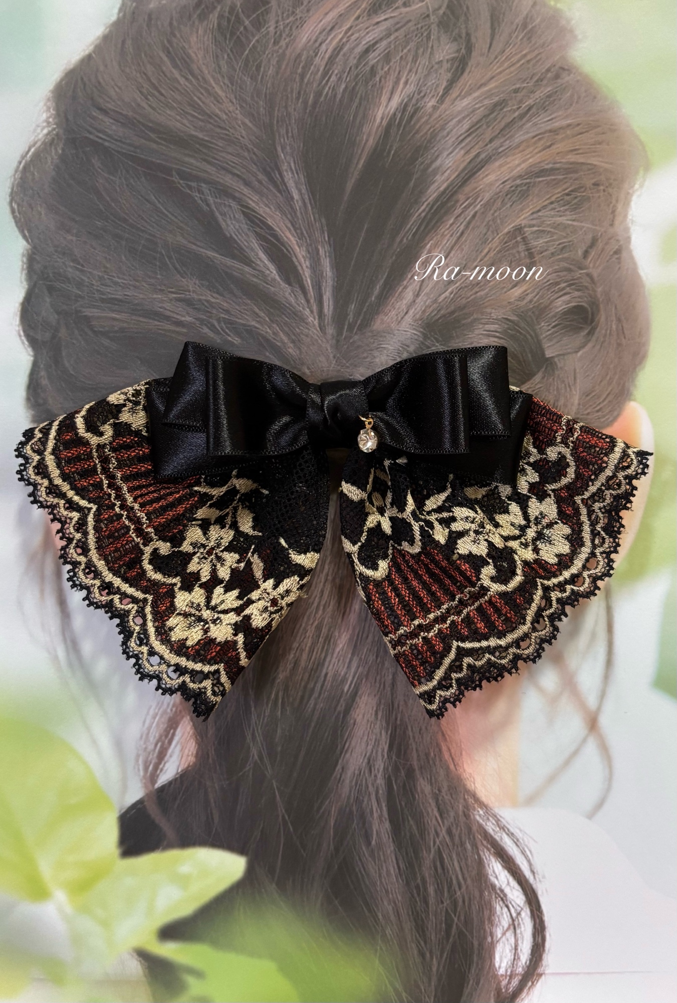 ハンドメイドシュシュM-3773♡ダークブラウンジョーゼット♡インド刺繍リボン付 ☆在庫限り☆ ＊インド刺繍リボン＊シックなリボンシュシュ - Ra
