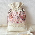 インド刺繍リボン　巾着　バッグ　ポーチ　ピンク　かわいい　ガーリー　レース　