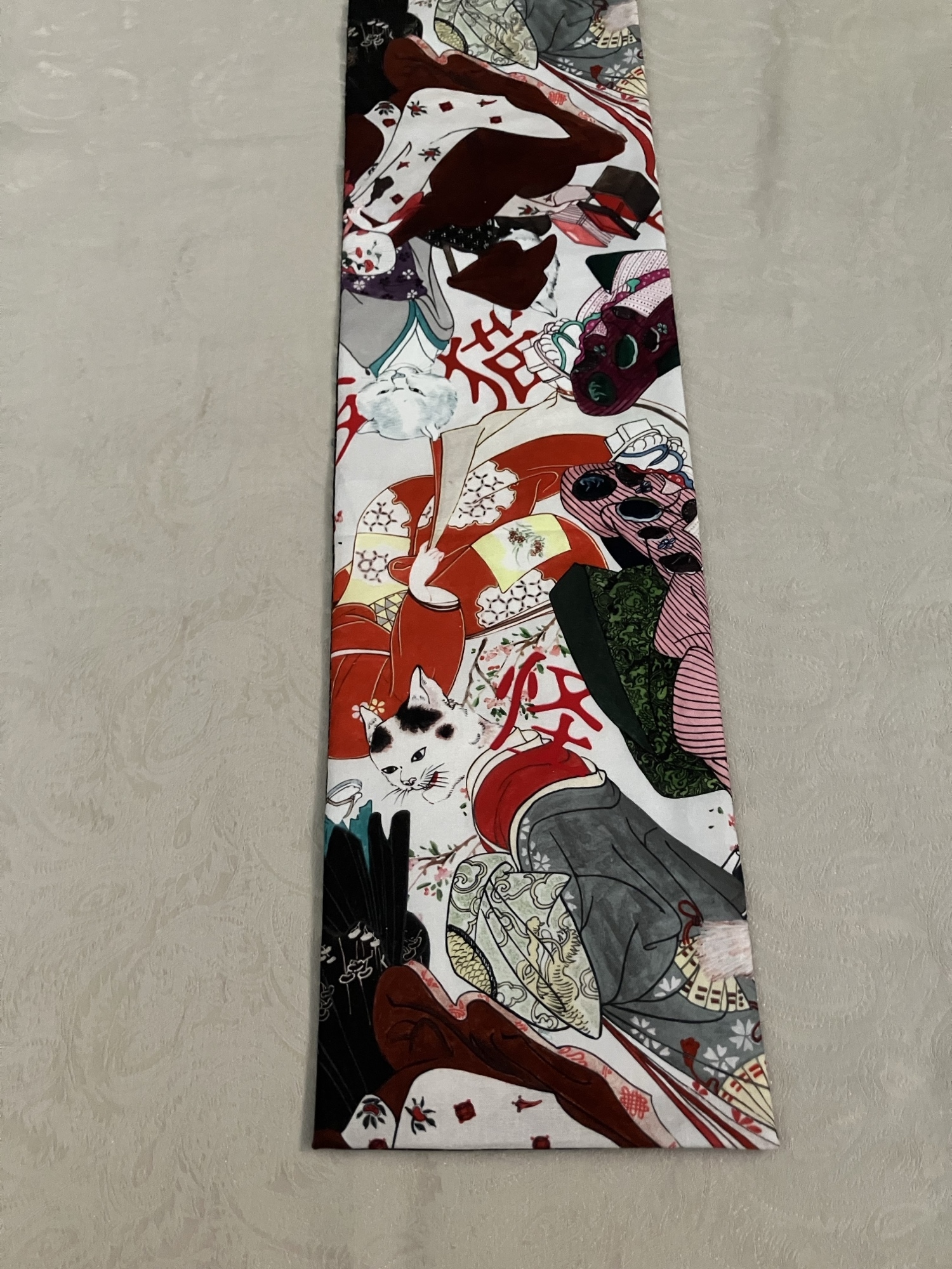 半幅帯 妖怪猫 浮世絵猫 鳥獣戯画 長尺 着物 化け猫 猫柄 紗綾形