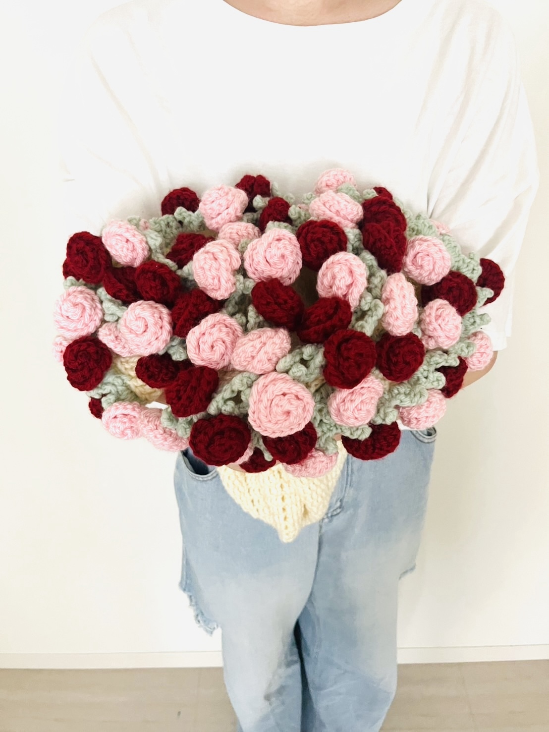 送料無料 お好きな色で ブーケ ブランケット バラ☆かぎ編み 花 巾着