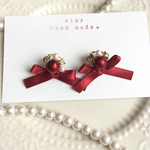 リボン×コットン風パールピアス(ワインレッド)♡送料込み