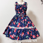 🩵SUMMERSALE🩵チェリーリボンシャーリングジャンパースカート ネイビー  ロリィタワンピース ロリィタジャンパースカート