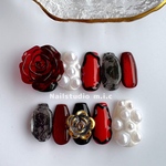 ネイルチップ628 サイズオーダー 韓国 ポップ  ぷっくり ゴシック 薔薇 黒 赤 レース 