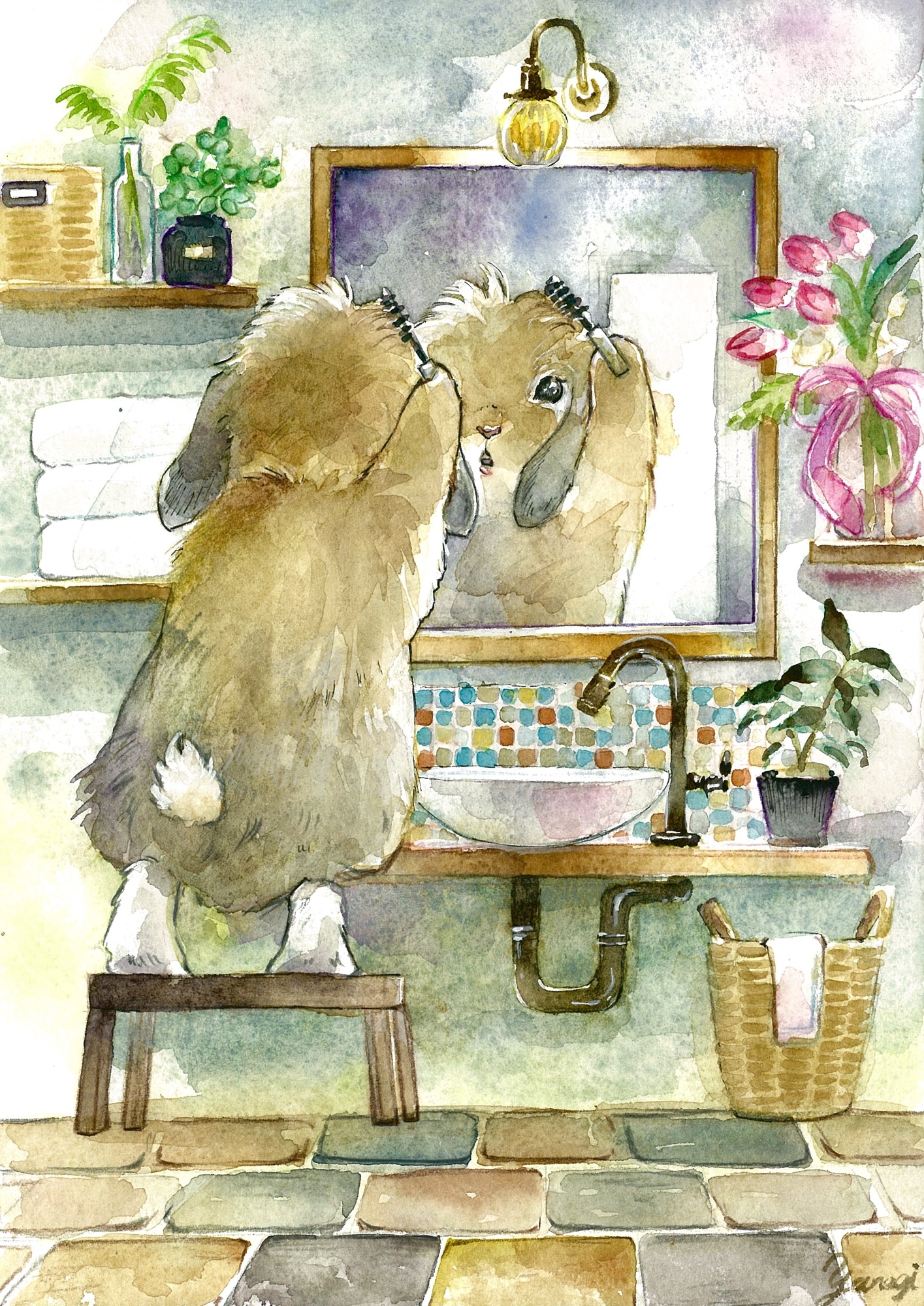 水彩画 原画 時計うさぎ 水彩画 原画 時計うさぎ - メルカリ