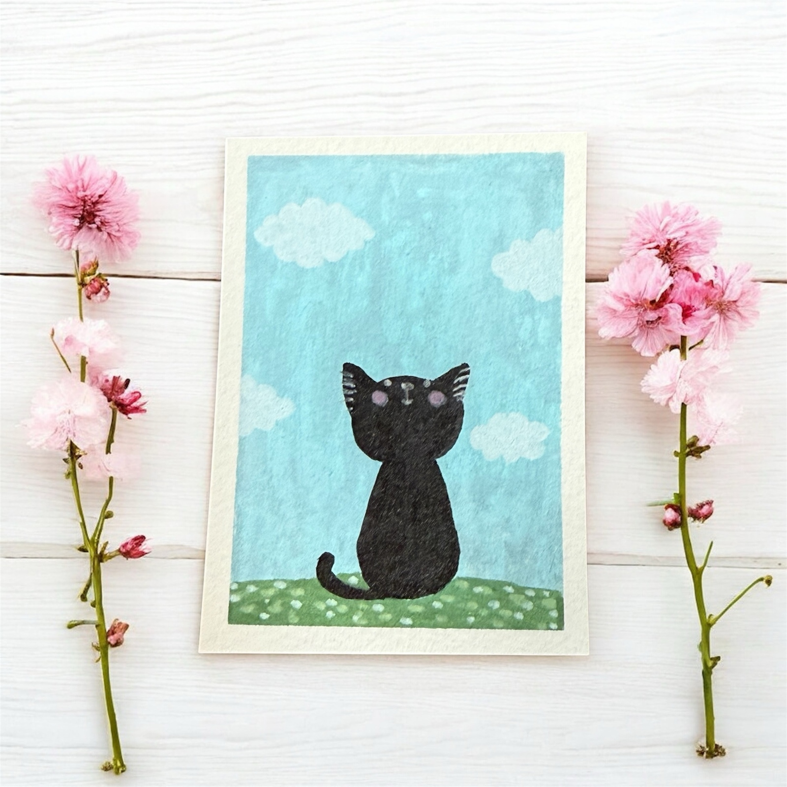 原画#3850 黒猫 カフェ 花 ヨーロッパ 水彩画 ドローイング 絵画