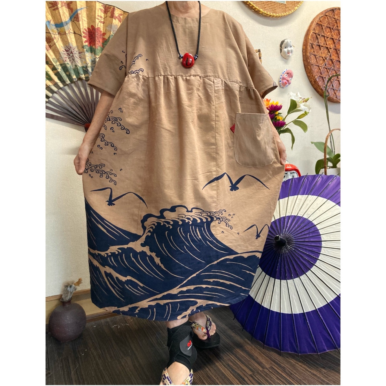 着物リメイクワンピース★浴衣反物&しじら織生地★ドルマンスリーブ★МＬ〜LL 着物リメイクワンピース☆浴衣反物&しじら織生地☆ドルマン