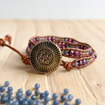 《1点物》autumn/flower ヴィンテージガラスボタン レザー2連ラップブレスレット