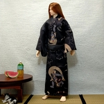 1/6ドール服★浴衣（風神雷神・黒地片身替）　オビツ30cm