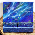 黒猫　クジラ　夜空　原画　薄型キャンバス　15cmキャンバス　癒し　ヒーリング　海