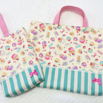 クリームイエロー×ミントグリーン スイーツ☆レッスンバック シューズ袋 セット☆入園入学