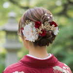 ダリアとメタルフラワーの髪飾り　結婚式　成人式　胡蝶蘭　和装　振袖　卒業式　白無垢　色打掛　前撮り　花嫁　着物　ヘッドドレス　袴田　留袖　結婚式髪飾り　成人式髪飾り　卒業式髪飾り　ワイン　クリーム