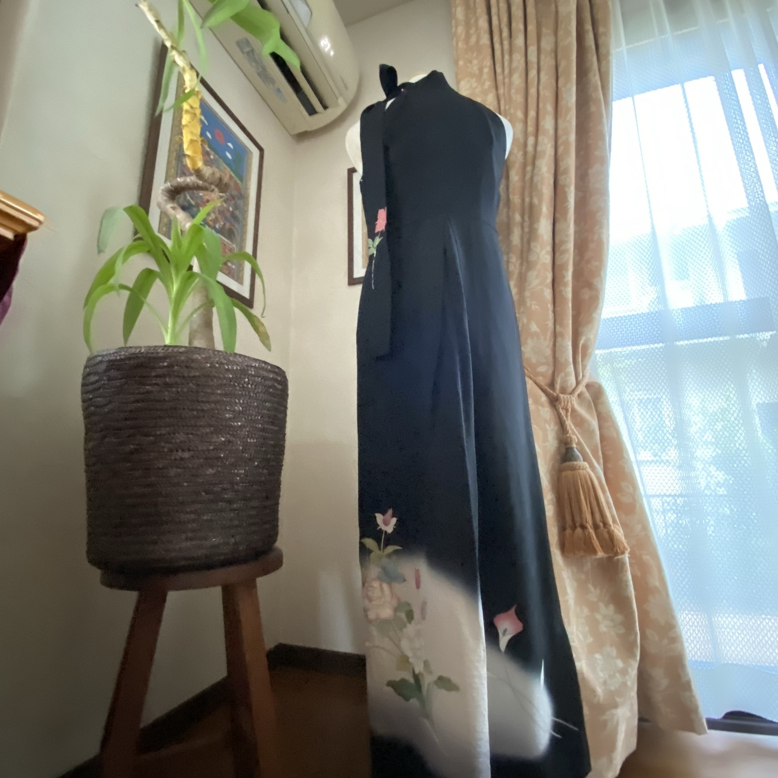 着物リメイク】ホルターネックサイドリボンドレス ロングワンピース