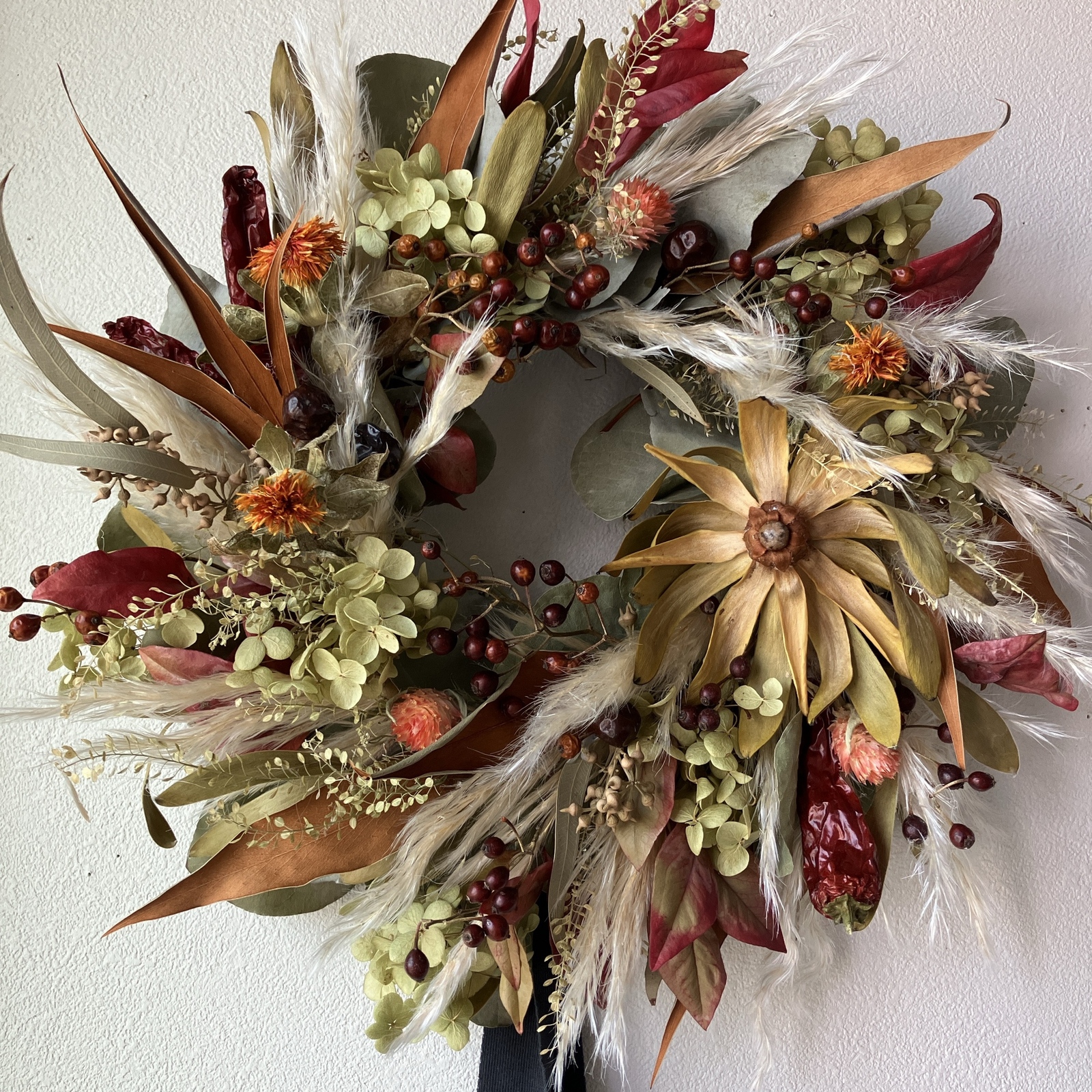 スモークツリー とリューカデンドロンの2Wayガーランド 千日紅かすみ草