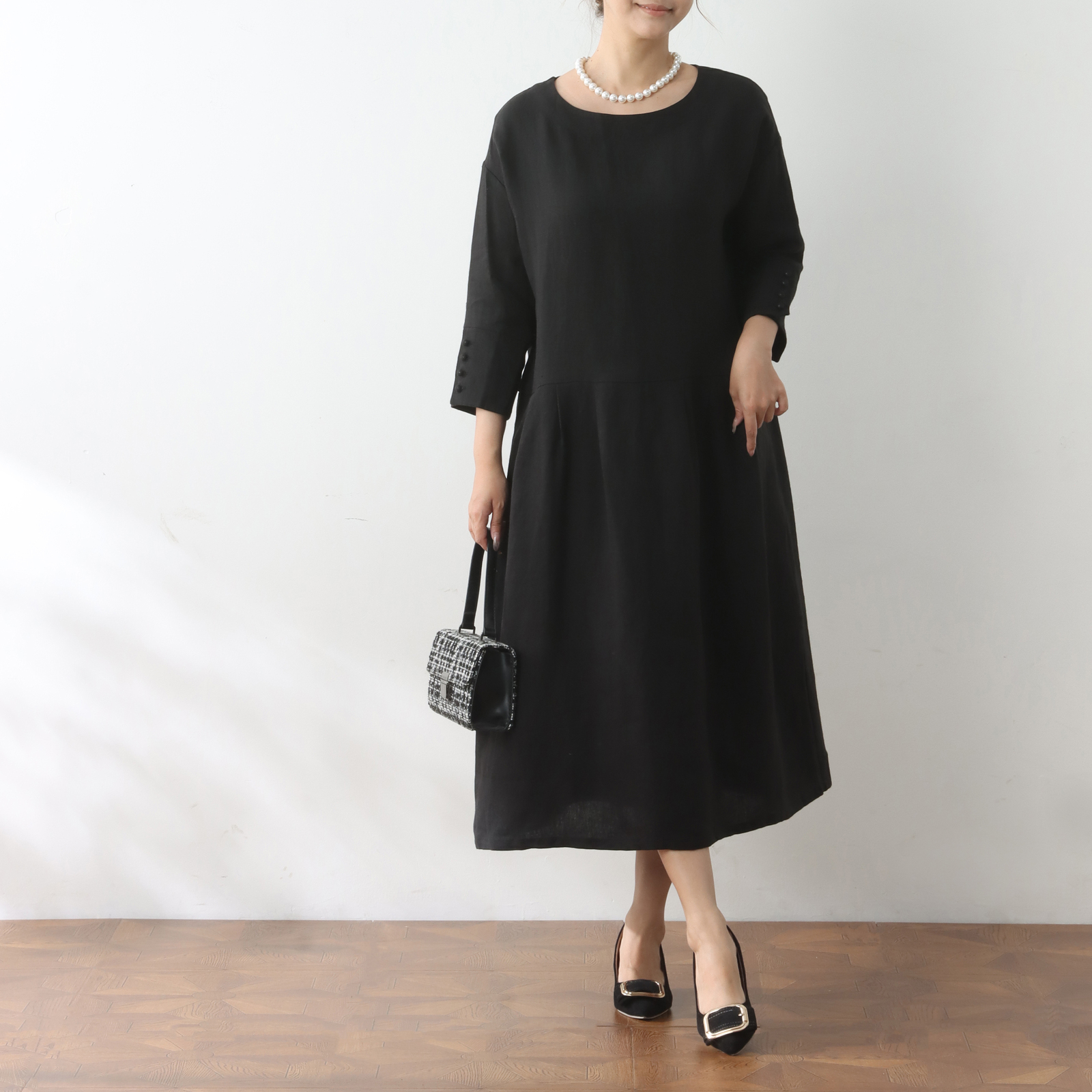 美品✨フォクシー タックコクーンドレスワンピース フォーマル ブラック 38 kaene（カエン）の「タックネックコクーンワンピース［ブラック