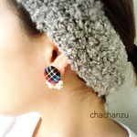 再販★タータンチェックくるみボタンのイヤリング