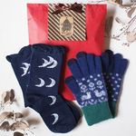 クリスマス限定 スマホ対応手袋と靴下1足セット 小鳥 ネイビー ムーン 月柄 高感度 ふわふわ あったか