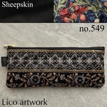no.549 羊革 本革 インド刺繍リボン ペンケース 小物入れ メガネケース ウィリアム・モリス ブラック ykk ファスナー 大人 文房具