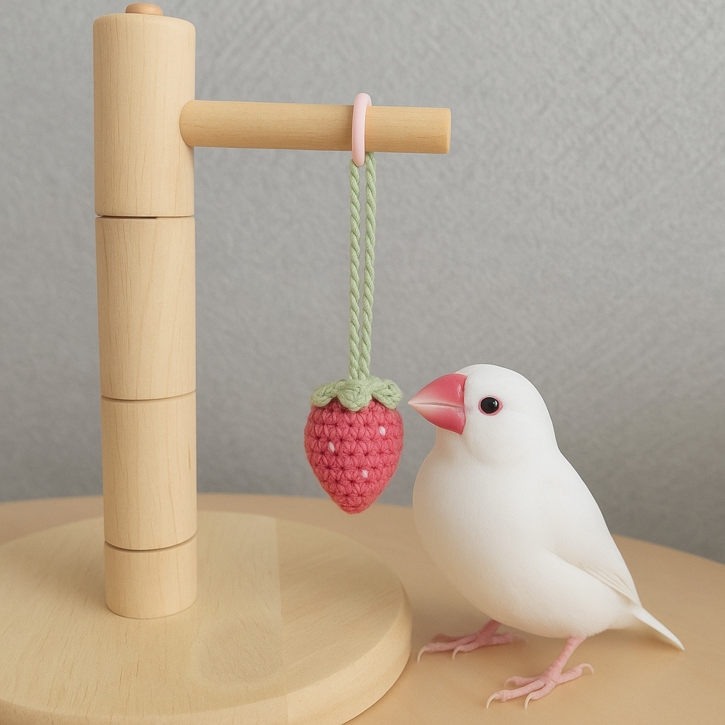 ぽんぽんフルーツ🍓 小鳥のおもちゃ 手編みコットン いちご モチーフ