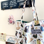 新作）展覧会の絵×英字ワッペン＆ニコちゃん缶バッジ大きなポケット/厚手コットンマチなしトートバッグ/手提げバッグ/サブバッグ/