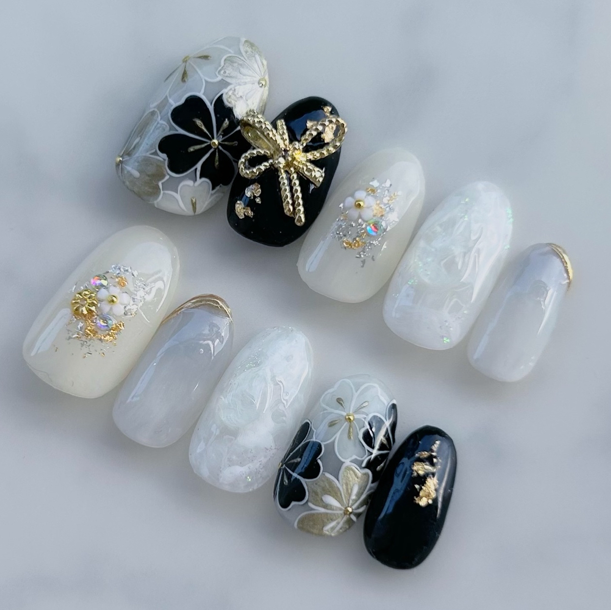 ネイルチップ 成人式 卒業式 ネイビー 青 振袖 花柄 和柄 梅 菊