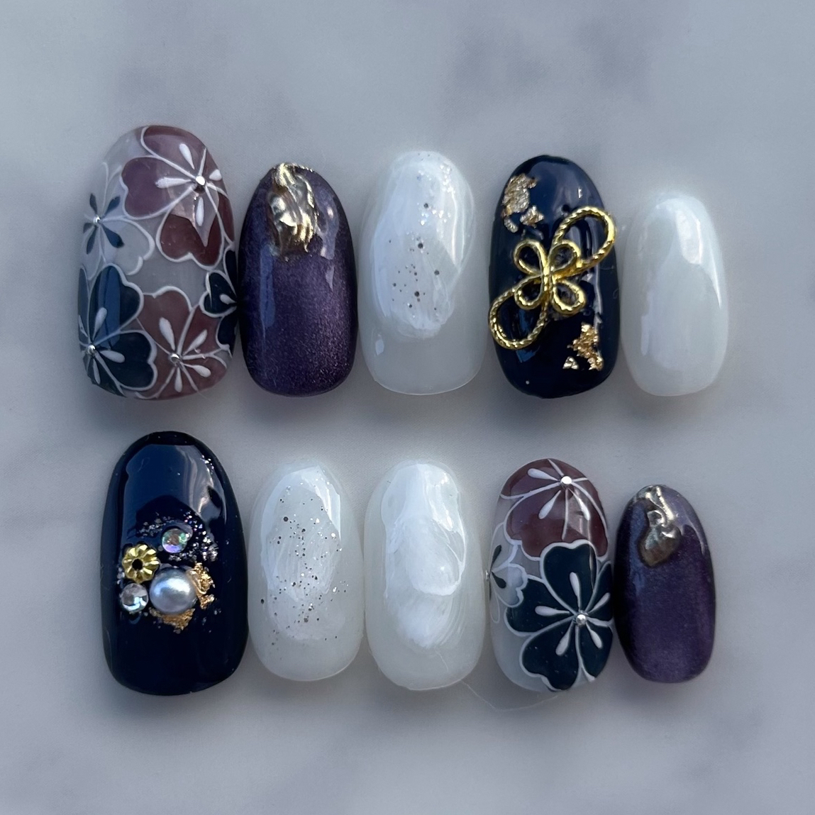 ネイルチップ ニュアンス卒業式成人式 前撮り 振袖 袴 着物 和柄 ネイビー 3152b4535d6d997e7aae193de5afb8
