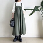 スクエアカットのジャンパースカート * Cotton Linen 素材 Green kahky *
