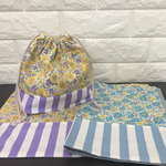 【お値下げ¥1000】小花×ストライプ☆3点セット☆お弁当巾着＊ランチョンマット☆水色＊紫