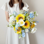 ひまわりとブルーの小花のブーケ/ウエディングブーケ 結婚式 
